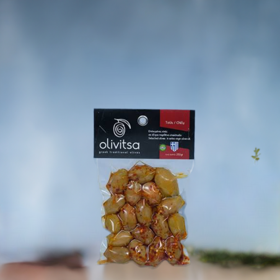 Griekse Olijven, Gemarineerd met Chili 250g