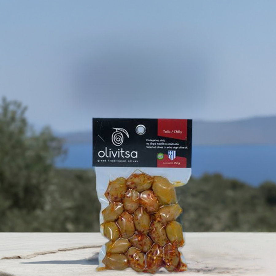 Griekse Olijven, Gemarineerd met Chili 250g