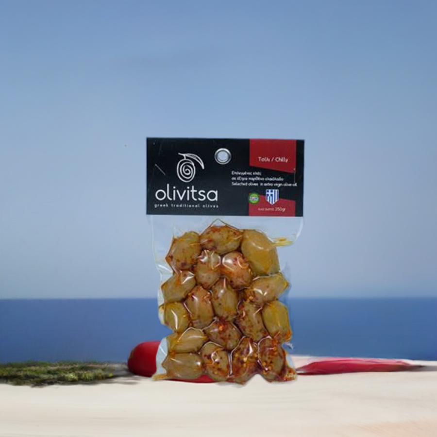 Griekse Olijven, Gemarineerd met Chili 250g