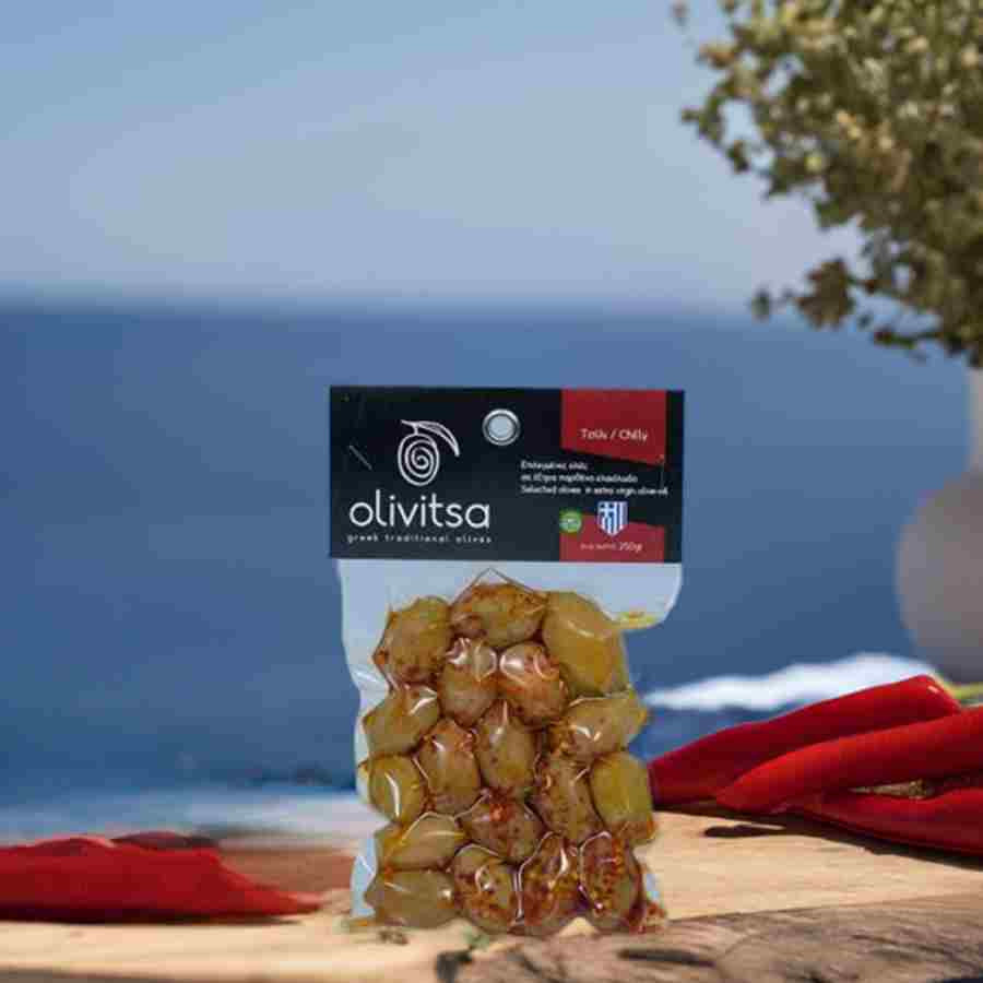Griekse Olijven, Gemarineerd met Chili 250g Griekse Olijven, Gemarineerd met Chili 250g