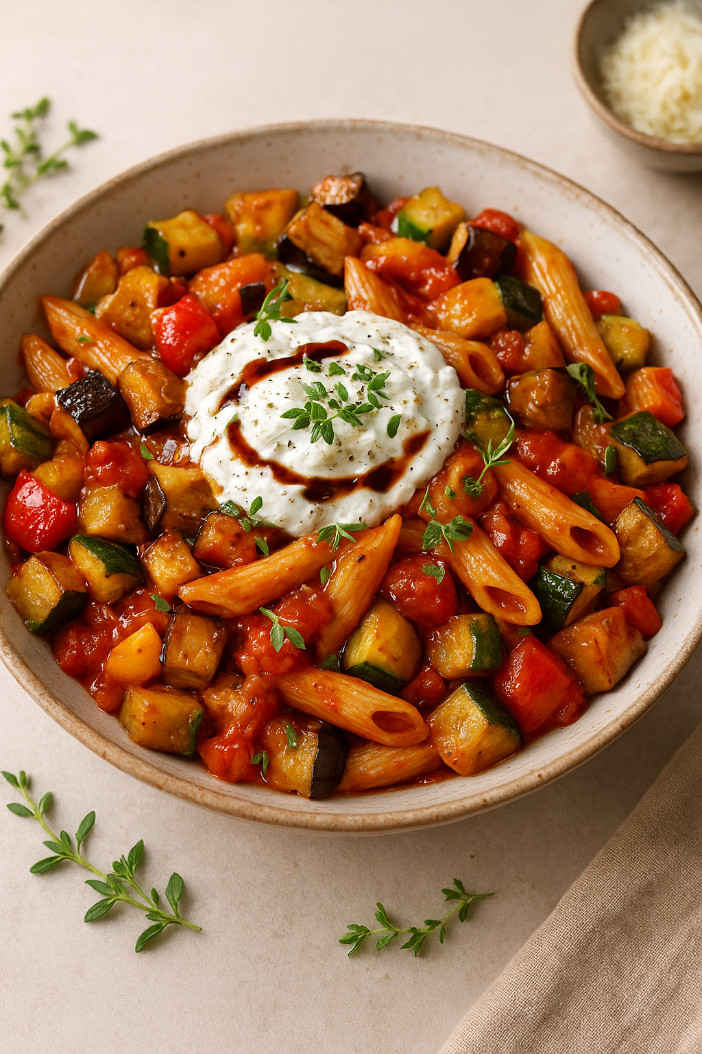 Makaronada met zoete en zure zomergroenten, feta-crème en kruiden