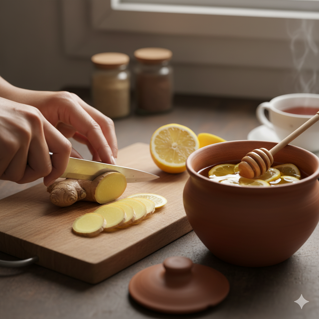 Kop dampende gemberthee met citroen en honing